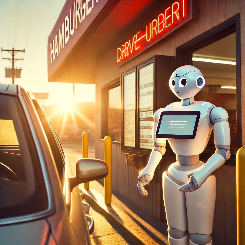 DALL·E 2024-06-18 11.51.57 – A robot taking orders at a hamburger restaurant drive-thru during golden hour lighting. The scene captures the warm, soft sunlight of the late afterno